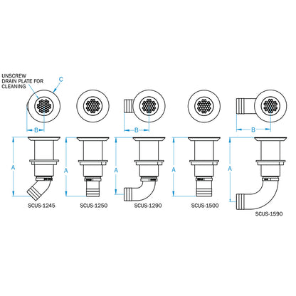 GROCO 1-1/4" Hose Barb Stainless Straight Deck Drain  [SCUS-1250]
